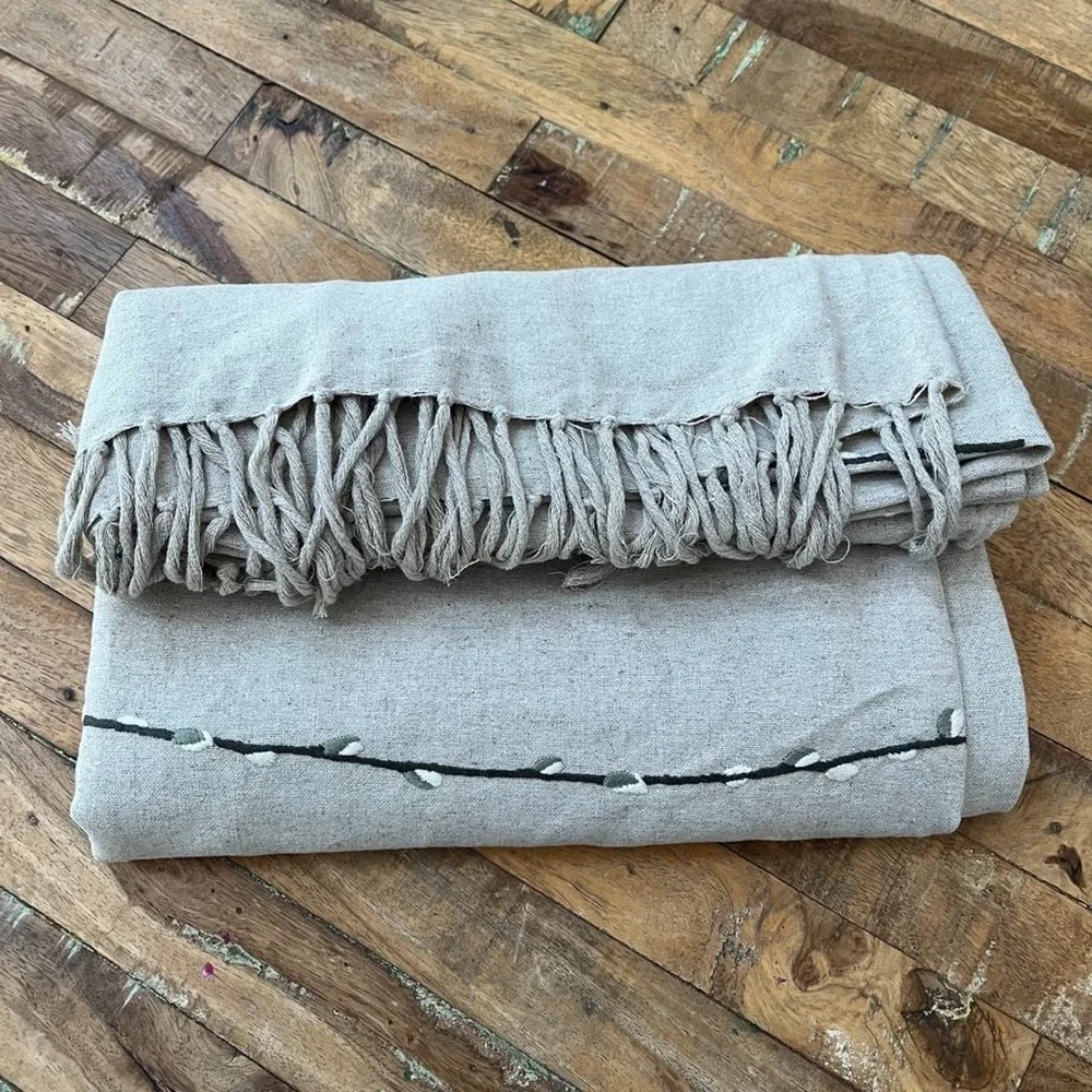 Heavyweight Taupe Linen Tablecloth with Fringe Embroidered Leaves 86